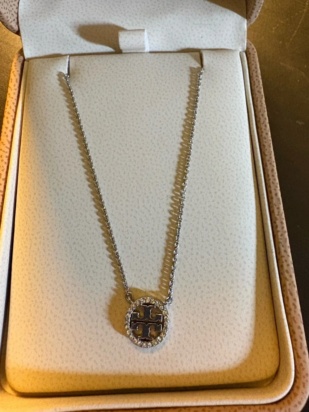 AUTHENTIC Tory Burch Silver Pavé Miller Logo Pendant Necklace NWOT